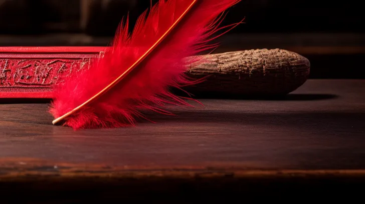 BZF4773 vibrant red feather delicately placed on a wo 0 4 1