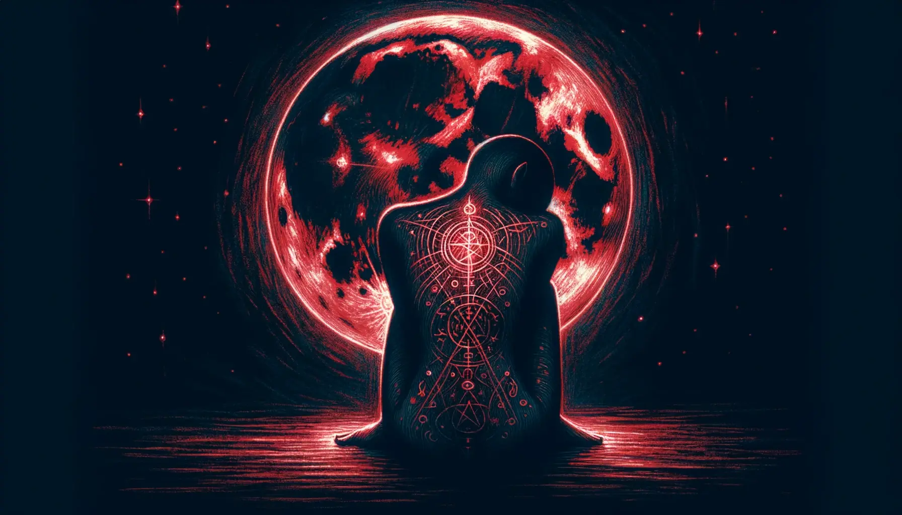 Drawing of an ominous night backdrop where a deep red moon stands alone without any stars. The glow from the moon reveals a figure in repose their sk