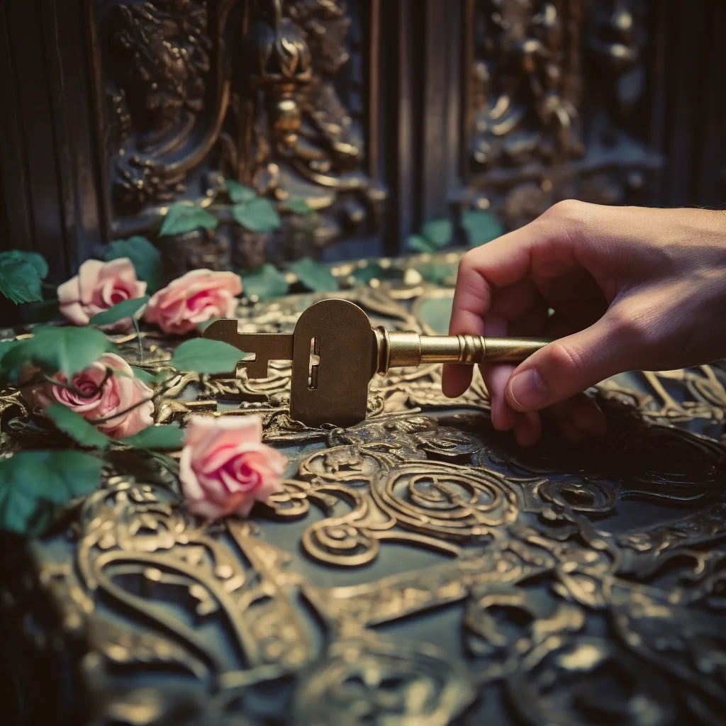 revealing a hidden door behind a bed of lush roses