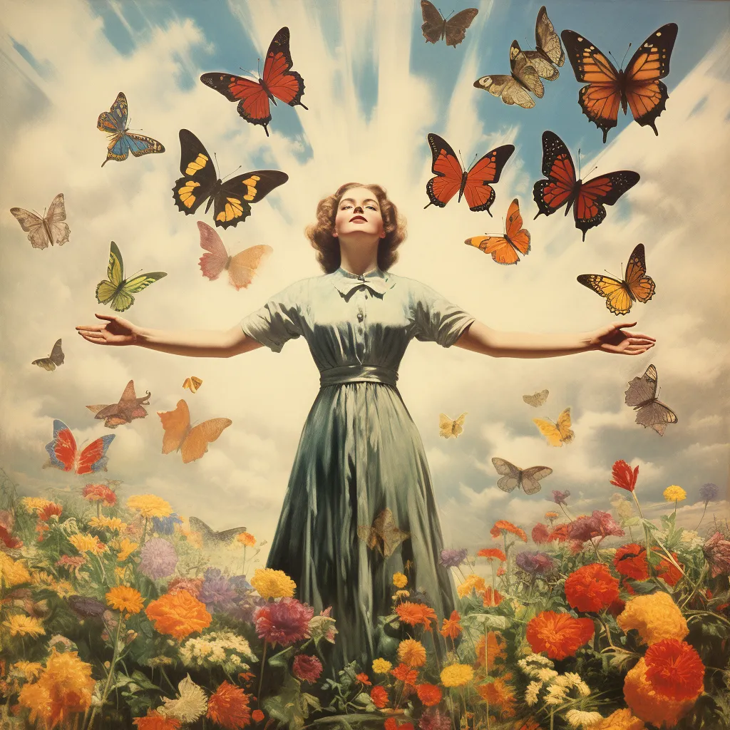 garden of blooming flowers hands outstretched surrounded by colorful butterflies