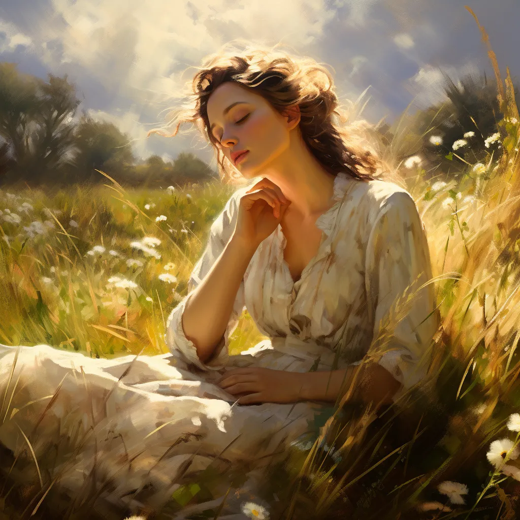 ZGO8849 A young woman sits in a sunlit meadow with eyes 2 1